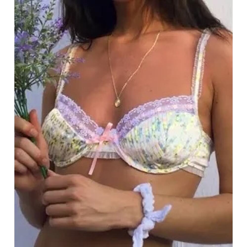 NWT For Love & Lemons Charlotte Floral Bra Lace Pink Bow XS Coquette Lingerie